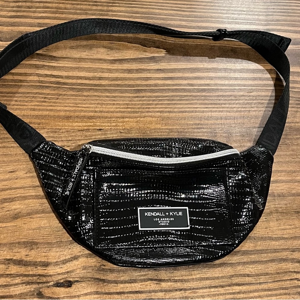 Kendall & Kylie Shiny Embossed Crocodile Print Black Belt Bag